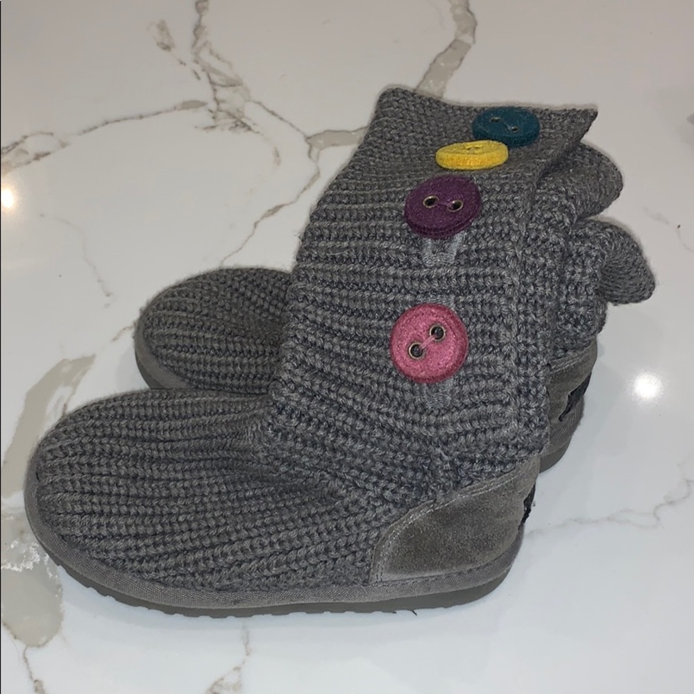 UGG Cardy II Gray Knit Sweater Fold Button Boot.